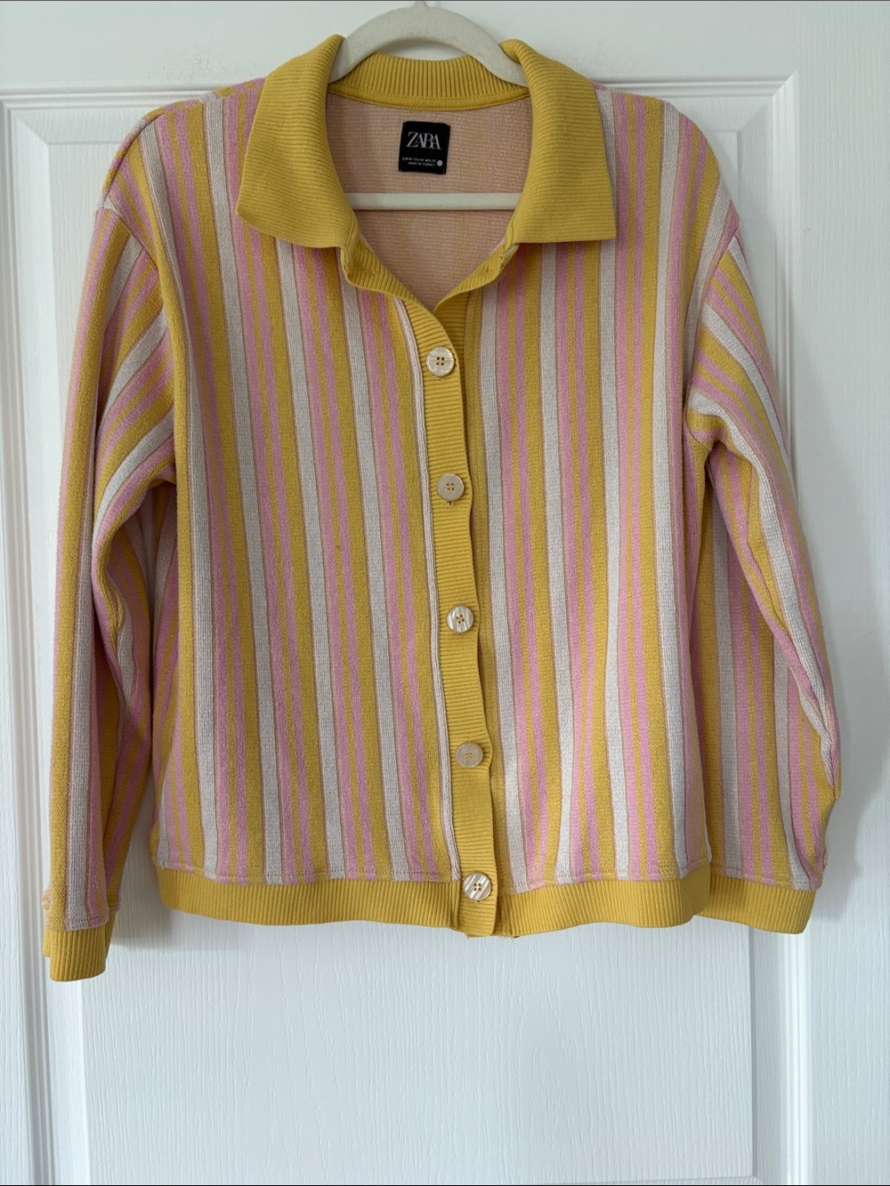 Zara Pink and Yellow Striped Collared Cardigan